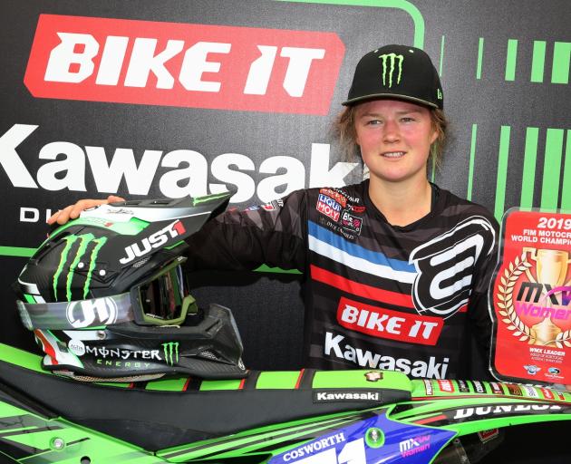 Otago's Courtney Duncan (Kawasaki KX250F), with the leader's red number board after her dominant...