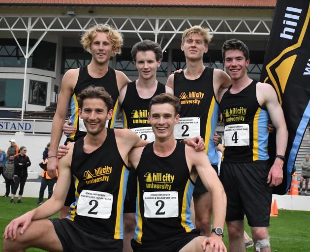 The Hill City-University senior men's winning team (back, from left) of Russell Green (18), Rory...