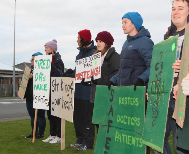 Junior doctors in Invercargill protest outside Southland Hospital as part of a national five day strike. Photo: Laura Smith