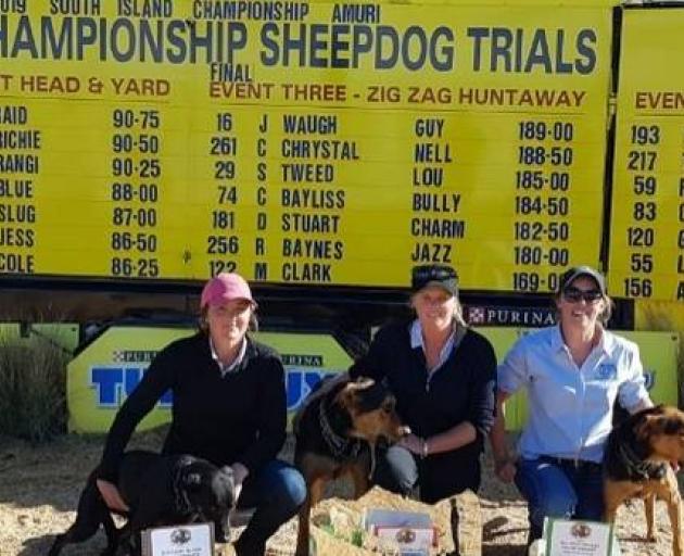 Gisborne's Jo Waugh, centre, is the first woman to win the South Island Sheep Dog Trials. Steph Tweed came in third, while Bex Baynes was sixth. Photo: Jo Waugh