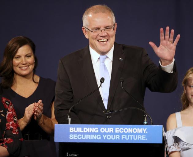 A victorious Scott Morrison thanks party supporters in Sydney. Photo: AP