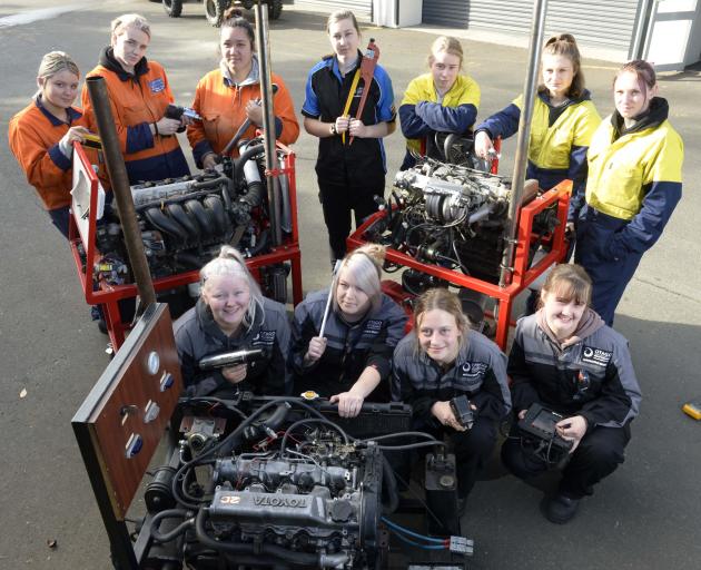 Otago Polytechnic automotive and mechanical engineering students (back row, from left): Arizona Greig (17), Mikayley Bennett (19), Stoney Huntley (17), Jenna Boyes (19), Brittany Geange (20), Hayley Yates (17), Catherine Anderson (30), and (front row, fro