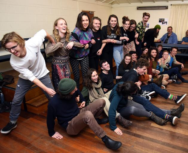 Members of an environmental group go through an exercise at Knox Hall during a training session for a planned protest at the New Zealand Minerals Forum. Photo: Gregor Richardson