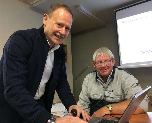 Speaker Lance Burdett (left), with Rural Support Trust Mid Canterbury's Allan Baird, says people need to learn how to stop their brains from overthinking. Photo: Supplied