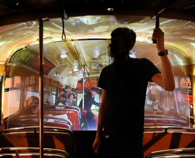 The audiovisual display inside the Tiger Tea bus.