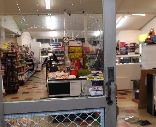 The window of Brockville Four Square Supermarket was left smashed. Photo: Stephen Jaquiery