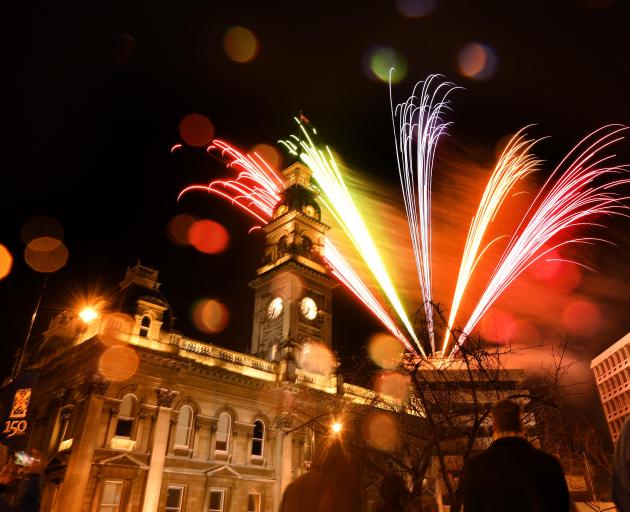 Fireworks celebrating Otago University's 150th anniversary light up the Octagon in Dunedin. Photo...