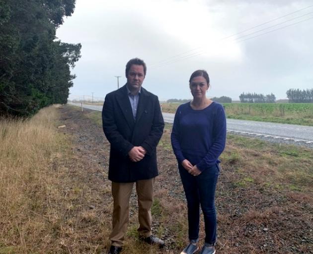 Clutha Southland MP Hamish Walker and Lumsden midwife Sarah Stokes stand at the spot where a baby was delivered early this morning. Photo: Supplied