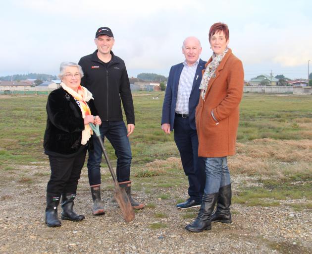 Southland Community Housing Group member Margaret Cook and chairman Shaun Drylie, Habitat for Humanity Invercargill general manager Paul Searancke and Invercargill City Council chief executive officer Clare Hadley at the Kew Bowl site. Photo: Supplied