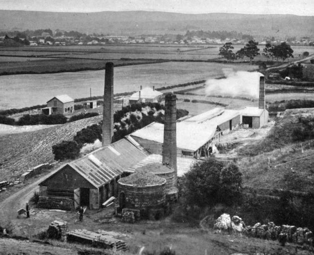 Mr Jones's brick and pipe-making works, with the town of Milton in the background. - Otago...