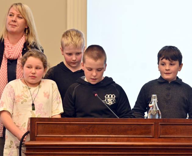 NEV Normal Shool teacher Theresa Bowen and Pupils (from left) Jeantine Dixon (9), Keanu Topping ...