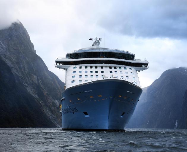 The Ovation of the Seas in Milford Sound this morning. Photo: Stephen Jaquiery