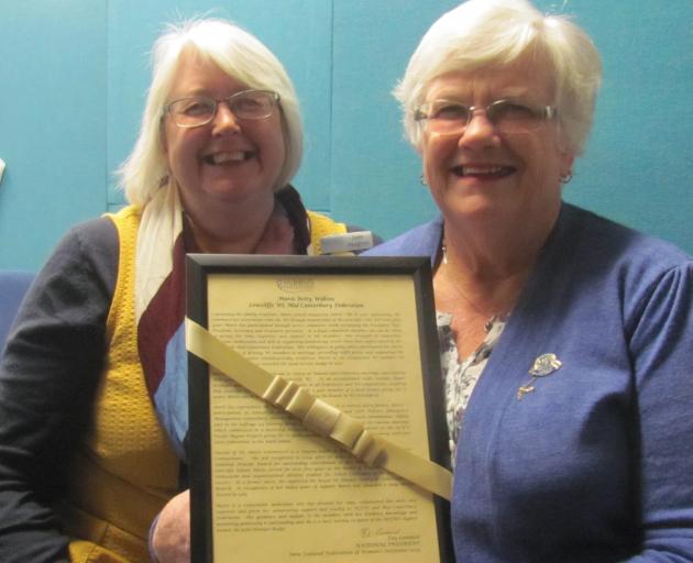 Mid Canterbury Federation of Women's Institute's past-president Jude Vaughan and president Mavis Wilkins, who was awarded the WI's Gold Honours Badge. Photo: Toni Williams