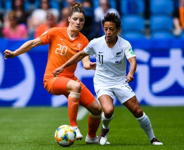 Sarah Gregorius and Dominque Bloodworth contest the ball during the Football Ferns match against...