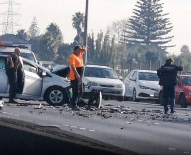 A serious crash is blocking four lanes heading south on State Highway One near Highbrook Drive. Photo: Will Trafford via NZ Herald