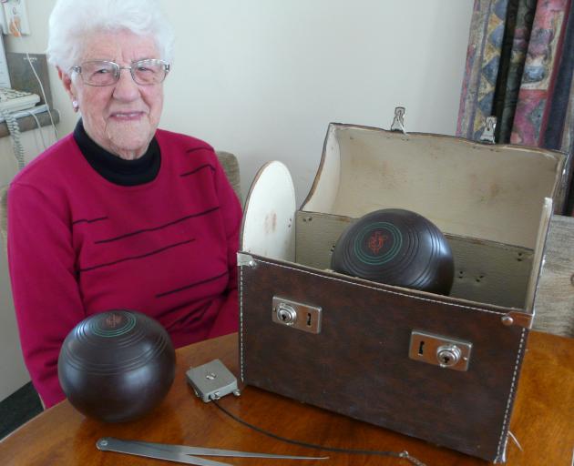 Veteran Balclutha bowls player Phyllis Peek (91), of Balclutha, lays out the tools of her trade,...