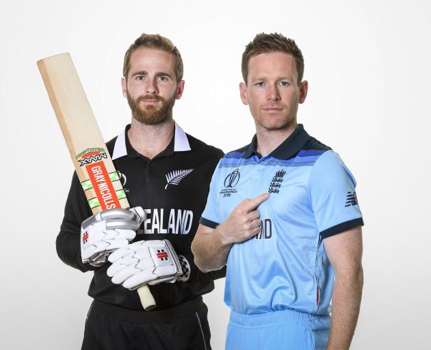 Captains Kane Williamson and Eoin Morgan pose ahead of tonight's Cricket World Cup final at Lord...