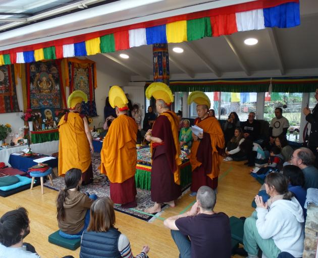 Tibetan Buddhist monks perform a ceremony to destroy a mandala in Queenstown yesterday. PHOTO:...