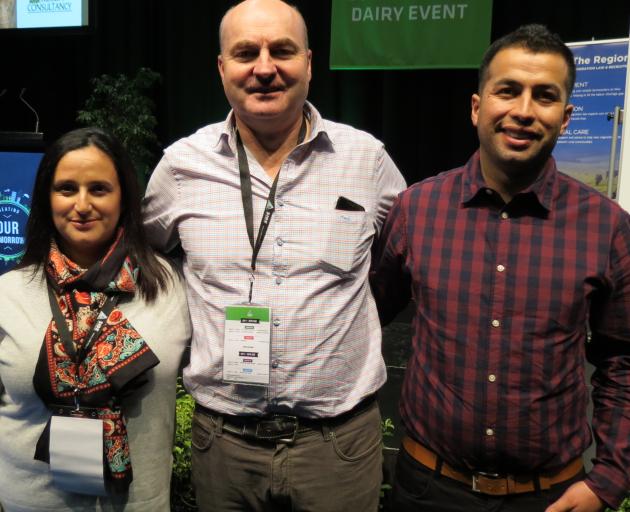 Dairy farmer Maka Morales, of Mokotua, talked about her and husband Miguel Ortiz’s career in the industry, during the BrightSide portion of the South Island Dairy Event in Invercargill, last week. Roslin Consultancy’s Alex Hunter (centre), of Alexandra, p