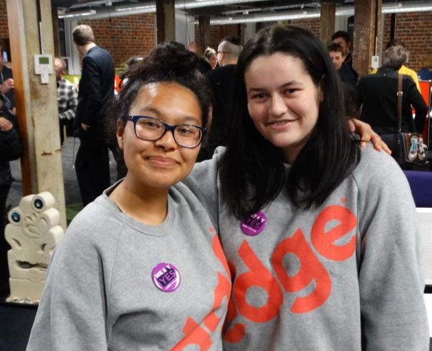 Otago Girls High School Year 13 pupils and Yes interns with The Edge radio station Mona Bekhit (17, left) and Erin Hartley (17). Photo: Brenda Harwood
