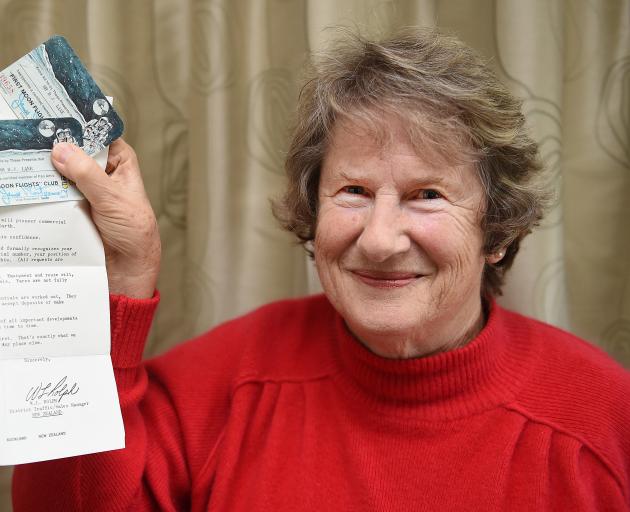 Holding the letter from Pan Am Airways she received 50 years ago confirming her place on the waiting list for a flight to the moon is Dunedin woman Suzanne Lane. Photo: Gregor Richardson