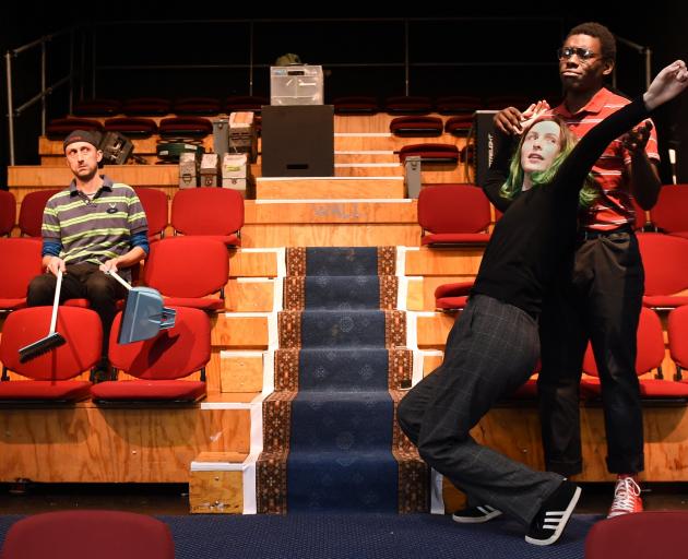 Rehearsing The Flick at Allen Hall are (from left) Nick Dunbar (Sam), Sam Shannon (Rose) and Timothy Itayi (Avery).