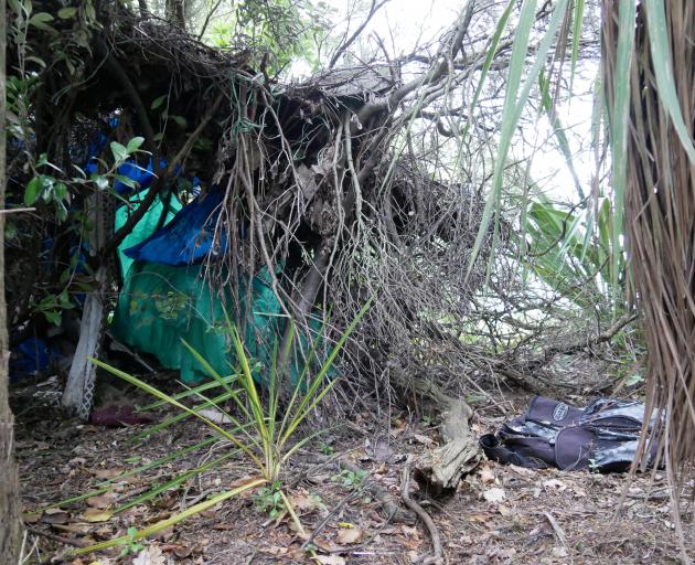 Branches and scraps of tarpaulin form what appears to be a homeless person's now-abandoned "bivvy...