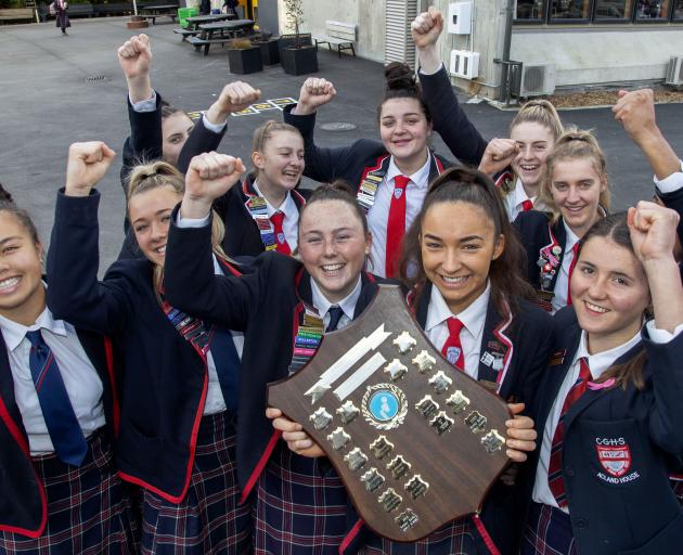 The Christchurch Girls' High School netball team with the Super Net shield, which hasn't been won by the school in 16 years. Photo: Geoff Sloan