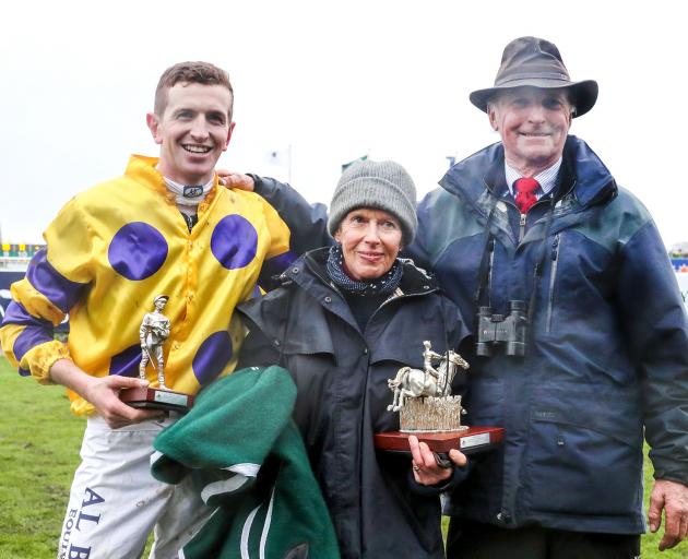 Jockey Shaun Phelan (left), part-owner Anne Wilson and trainer and part-owner Harvey Wilson with...