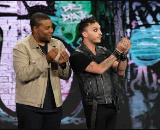 Kiwi Jarred Fell (right) performing on NBC's comedy competition 'Bring the Funny' where he will compete in the semi-finals next week. 