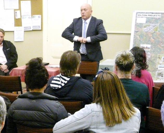 Clutha Mayor Bryan Cadogan encourages Milton residents to join forces to raise funds for the town’s new $5.8million pool and service centre complex, during a meeting in the town on Monday. Photo: Richard Davison