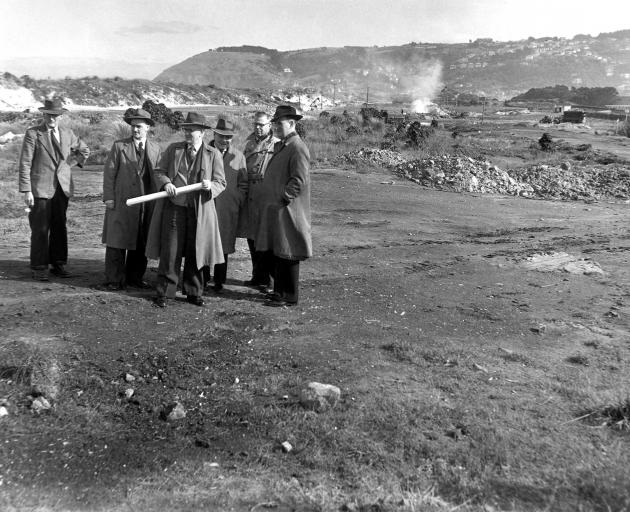 Members of the Ocean Beach Domain Board and New Zealand Athletic Association meet in August 1954...