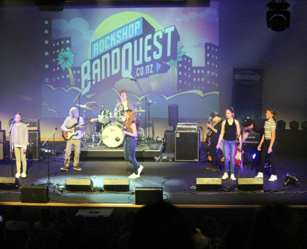 Arrowtown School rock band Pinch of Chilli turns the heat up during its winning performance at the Otago Rockshop Bandquest competition in Dunedin on Friday. Photo: Supplied