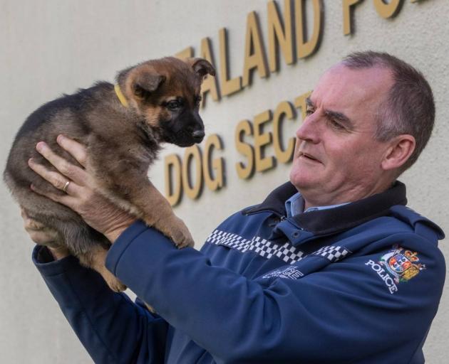 Inspector Todd Southall with one of puppies bred at the NZ Police dog training centre at Trentham...