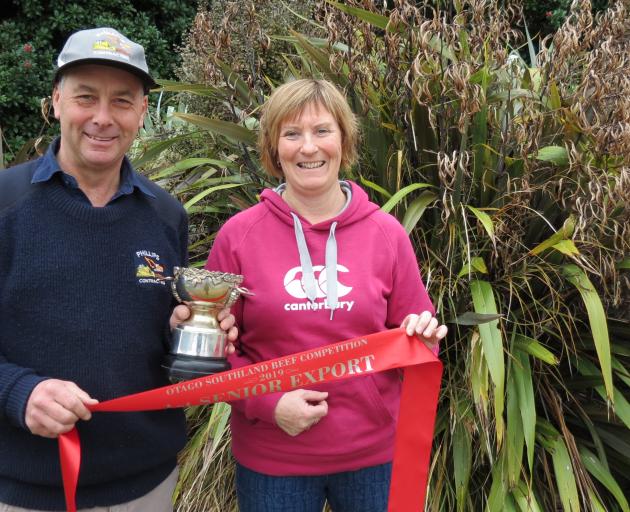 Jenny and Colin Phillips, of Tuatapere, have the Fernhill Limousin stud and recently won the ``on the hook'' section of the Otago Southland Beef competition in July. Their Limousin steer weighted 335.2kg and had a ribeye area of 142sq cm. Photo: Yvonne O'