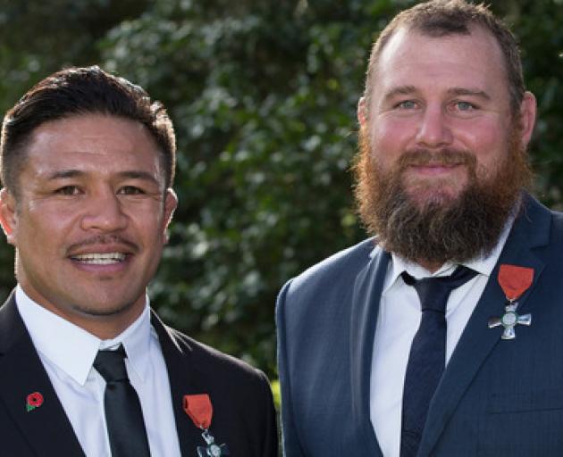 Keven Mealamu (L) and Tony Woodcock after receiving the New Zealand Order of Merit. Photo: NZ Herald