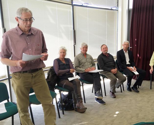 Otago Regional Council Dunstan candidate Graeme Bell (left) introduces fellow Dunstan candidates ...