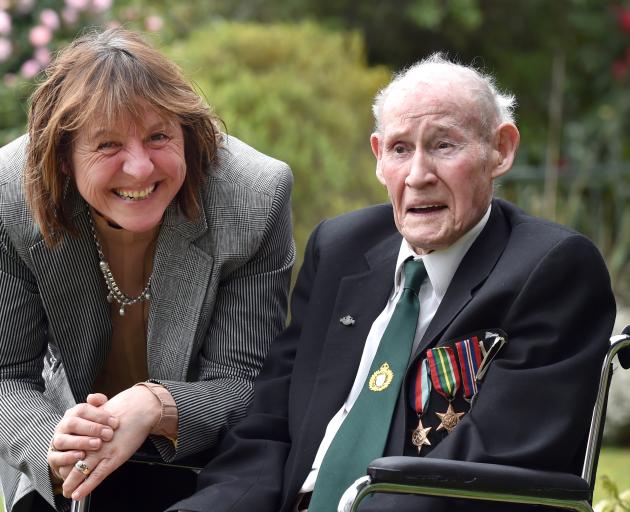 Otago Southland Pony Club president Moyra Johnston shares a moment with the last surviving Otago Mounted Rifles trooper, Alex Wilson, at Ross. Photo: Peter McIntosh