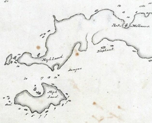 Part of Bunker's 1808 map of the Foveaux Strait region, showing an anchorage at the island and ...