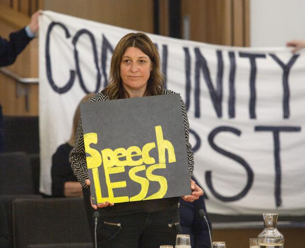 Emma Twaddell lead a protest against the effects of the Northern Arterial motorway which will effectively cut St Albans in half. Photo: Geoff Sloan