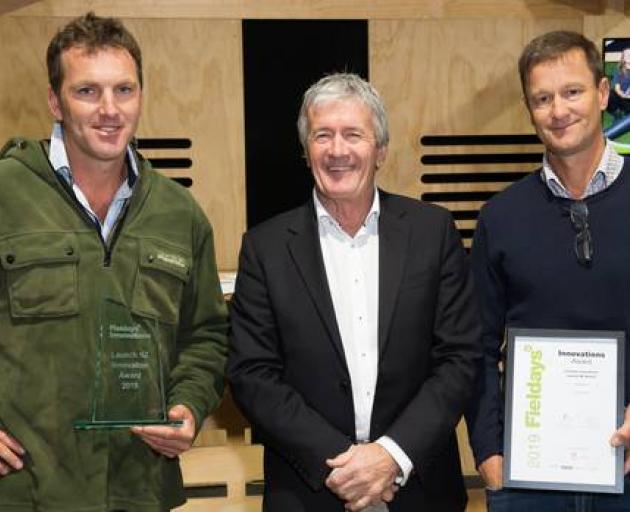 Jerome Wenzlick, left, Minister of Agriculture Damien O'Connor and Bindi Ground with the Innovation award. Photo: Supplied