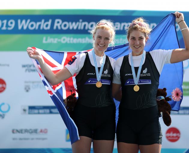 Grace Prendergast and Kerri Gowler with their gold medals for winning the women's pair. Photo:...