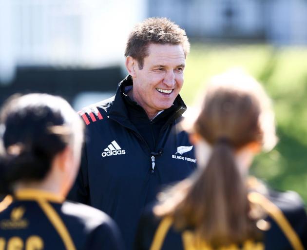 Black Ferns coach Glenn Moore speaks to members of the Wellington Girls' College team during yesterday's media announcement confirming him as the Ferns' full-time head coach until the 2021 World Cup. Photo: Getty Images