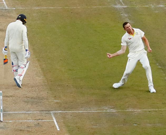 Australia's Josh Hazlewood celebrates taking the wicket of England's Jason Roy. Photo:  Action Images via Reuters