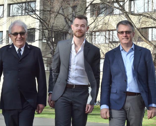 The Salvation Army's Major Campbell Roberts (left), Habitat for Humanity New Zealand national campaigns manager Ben Ross and Community Housing Aotearoa chief executive Scott Figenshow unite to offer housing initiatives in Dunedin this week. Photo: Gregor 