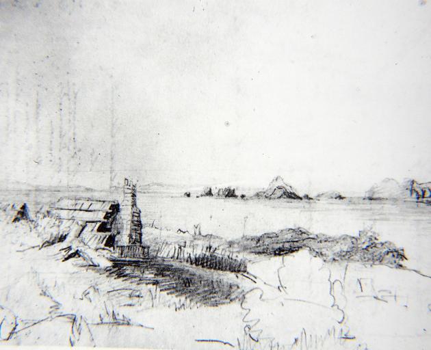 Bishop George Selwyn’s sketch of sealers’ huts at Whenua Hou. The Anglican  primate visited the...