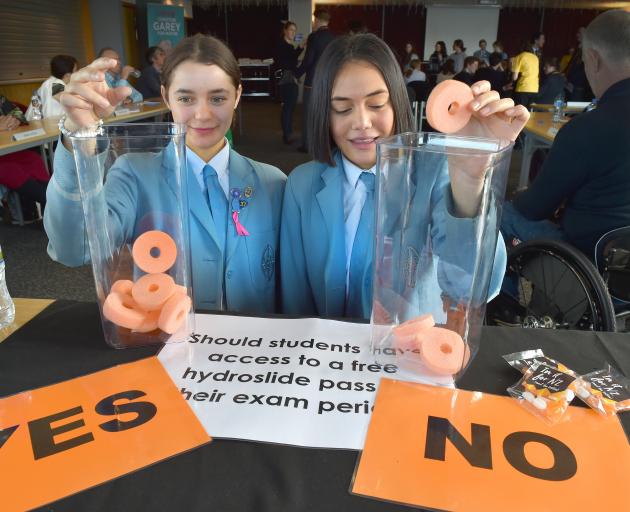 St Hilda’s Collegiate School pupils Anaia Wiparata (18) (left) and Anahera Reynolds (18) try out...