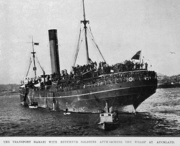 The troop transport Marama with her contingent of returned soldiers approaches the wharf at...