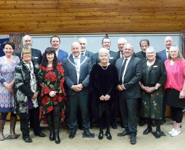 Re-elected and incoming Clutha district councillors at yesterday's swearing-in ceremony in...