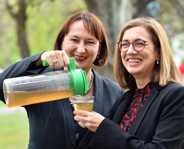 Artemis founder Sandra Clair (left) enjoys Artemis herbal tea with University of Canterbury (UoC)...
